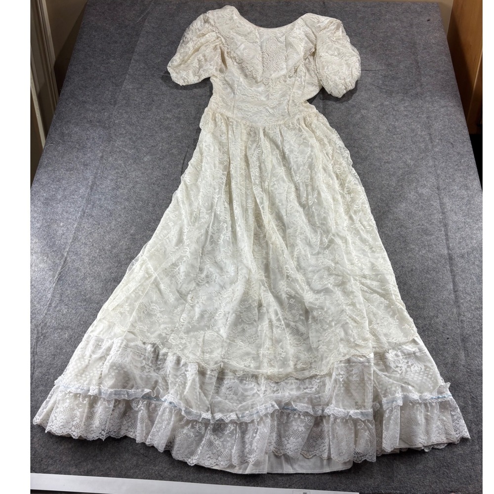 VTG Ivory Lace Wedding Dress Puff Sleeve Ruffle Victorian Maxi Prairie Size 5